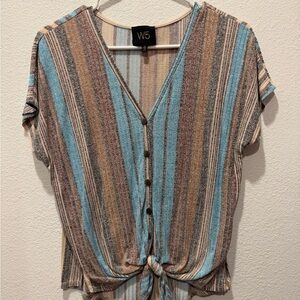 W5 Striped V-Neck Button Tie Front Top in Blue and Brown